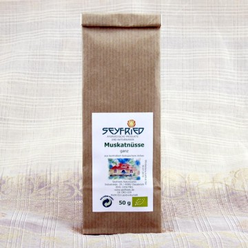 Muskato riešutai, nesmulkinti, ekologiški, Seyfried, 50g Muskato riešutai, nesmulkinti, ekologiški, Seyfried, 50g